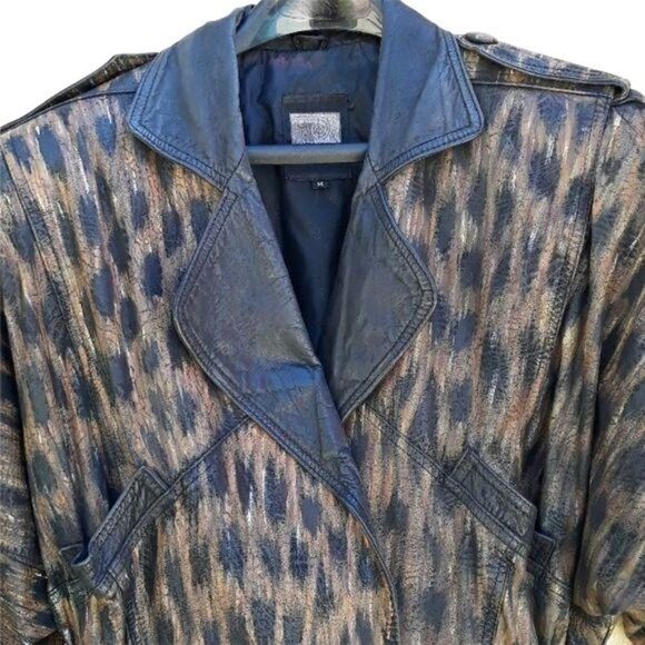 Vtg 80s Womens Jacket Leather Bomber Hand Painted Upcycled Wearable Art Animal M - Picture 4 of 8